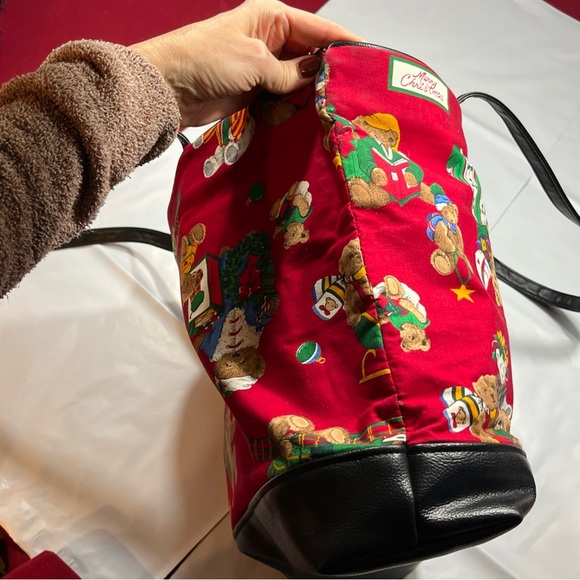 Christmas Teddy BEAR TOTE BAG RED Green cotton Tree gift Santa holiday 13”x19” - Picture 4 of 16